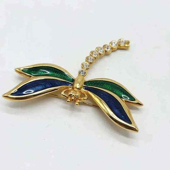 Blue Green Enamel Shiny Dragonfly Crystal Rhinestone Lovely Pin Brooch - Picture 3 of 4